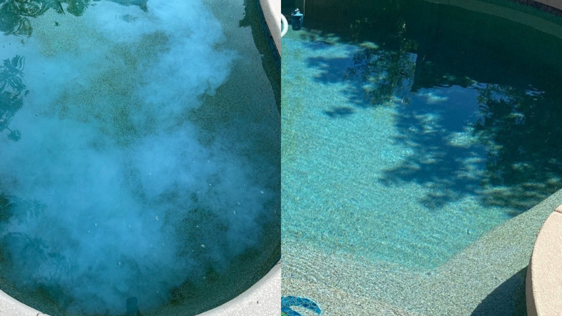 A side-by-side comparison showing a cloudy, hazy pool water treatment (left) transforming into crystal clear pool water(right) after applying the phosphate remover.